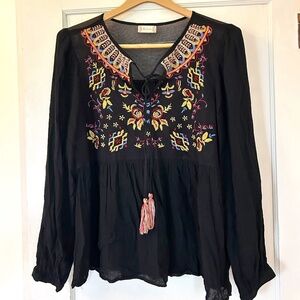 Altar'd State Black Vibrant Embroidered Multicolor Floral Babydoll Tassel Size L